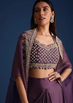 Purple Sequin Work Crop Top With Jacket And Draped Skirt