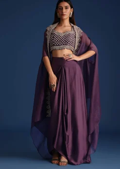 Purple Sequin Work Crop Top With Jacket And Draped Skirt