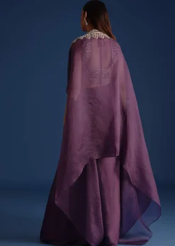 Purple Sequin Work Crop Top With Jacket And Draped Skirt