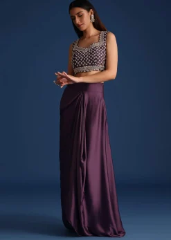 Purple Sequin Work Crop Top With Jacket And Draped Skirt
