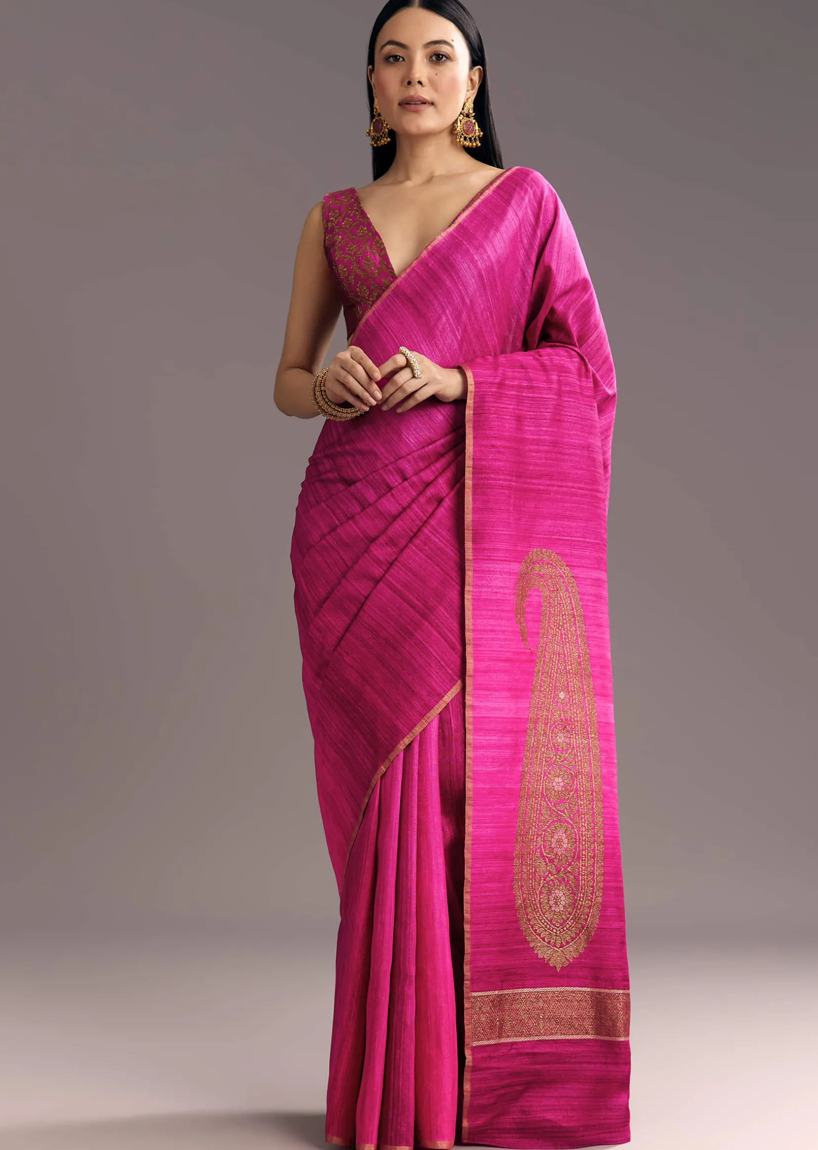 Purple Shaded Kora Silk Handloom Saree With Woven Traditional Motif