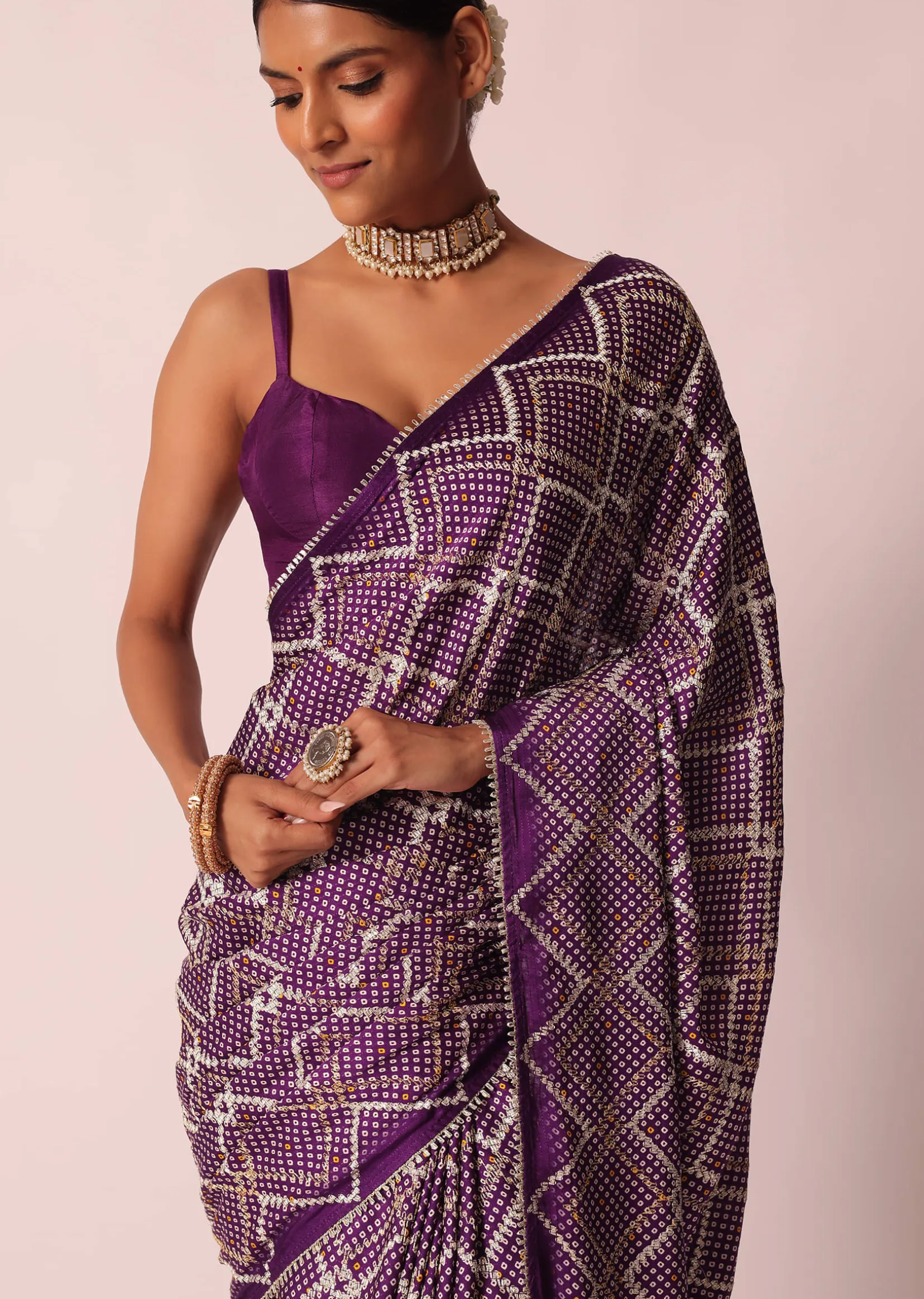 Purple Silk Bandhani Print Saree With Gota Embroidery And Unstitched Blouse Piece