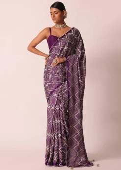 Purple Silk Bandhani Print Saree With Gota Embroidery And Unstitched Blouse Piece