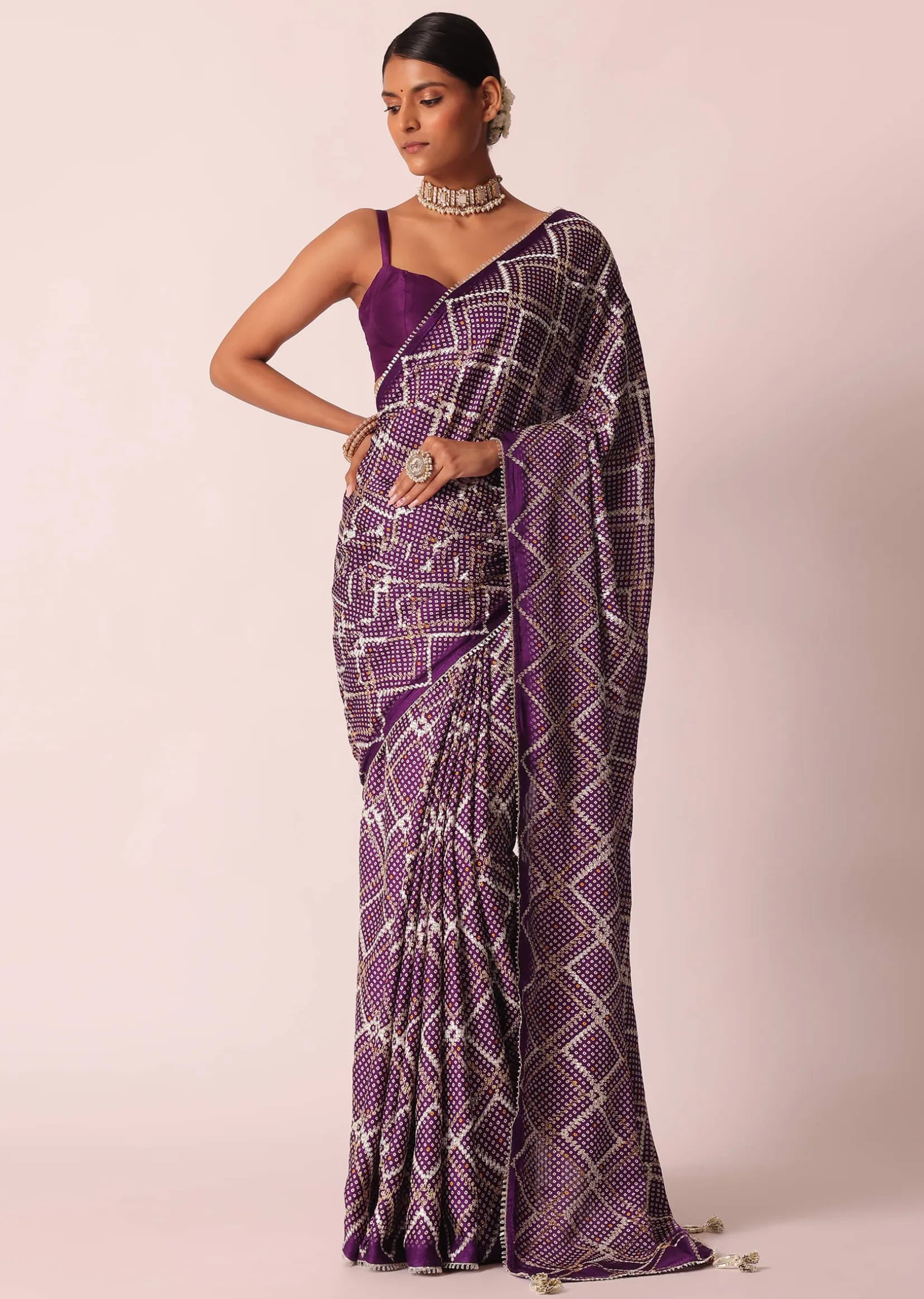 Purple Silk Bandhani Print Saree With Gota Embroidery And Unstitched Blouse Piece
