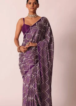 Purple Silk Bandhani Print Saree With Gota Embroidery And Unstitched Blouse Piece