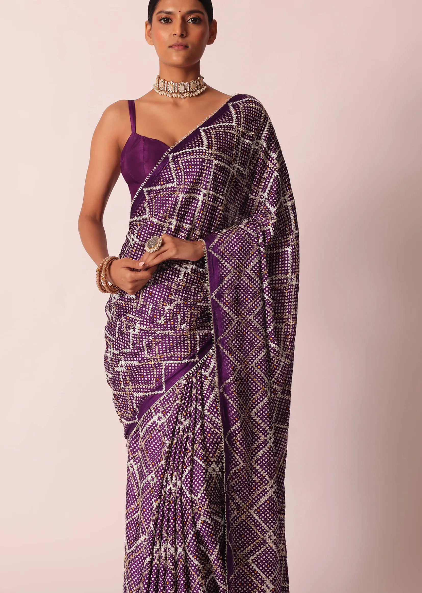 Purple Silk Bandhani Print Saree With Gota Embroidery And Unstitched Blouse Piece