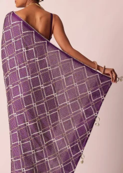Purple Silk Bandhani Print Saree With Gota Embroidery And Unstitched Blouse Piece