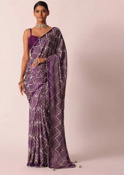 Purple Silk Bandhani Print Saree With Gota Embroidery And Unstitched Blouse Piece