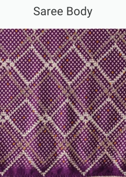Purple Silk Bandhani Print Saree With Gota Embroidery And Unstitched Blouse Piece