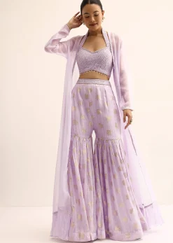 Purple Silk Crop Top With Jacket And Sharara
