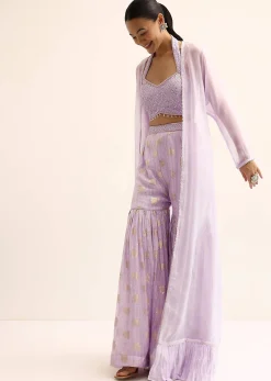 Purple Silk Crop Top With Jacket And Sharara