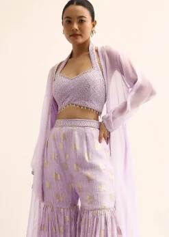 Purple Silk Crop Top With Jacket And Sharara