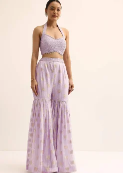 Purple Silk Crop Top With Jacket And Sharara