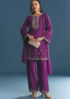 Purple Silk Embroidered Kurta Set With Dupatta