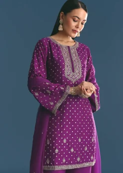 Purple Silk Embroidered Kurta Set With Dupatta