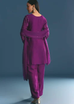 Purple Silk Embroidered Kurta Set With Dupatta
