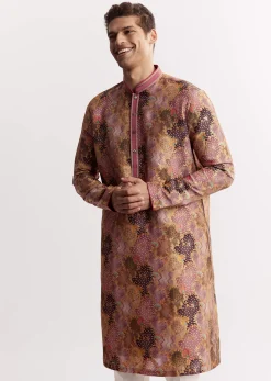 Purple Silk Floral Printed Kurta Set With Mandarin Collar