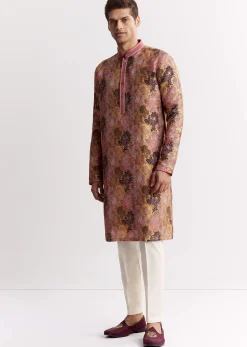 Purple Silk Floral Printed Kurta Set With Mandarin Collar