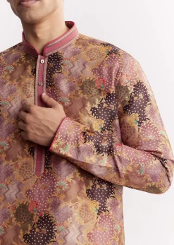 Purple Silk Floral Printed Kurta Set With Mandarin Collar