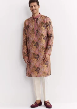 Purple Silk Floral Printed Kurta Set With Mandarin Collar