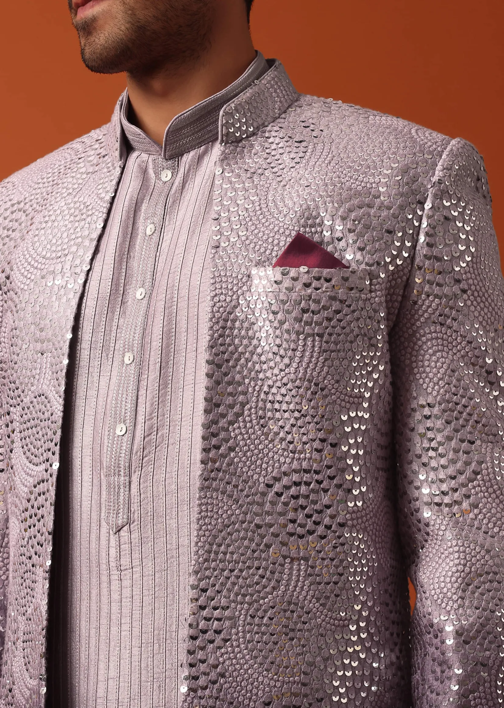 Purple Silk Intricate Sequin Embroidered Sherwani Set