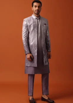 Purple Silk Intricate Sequin Embroidered Sherwani Set