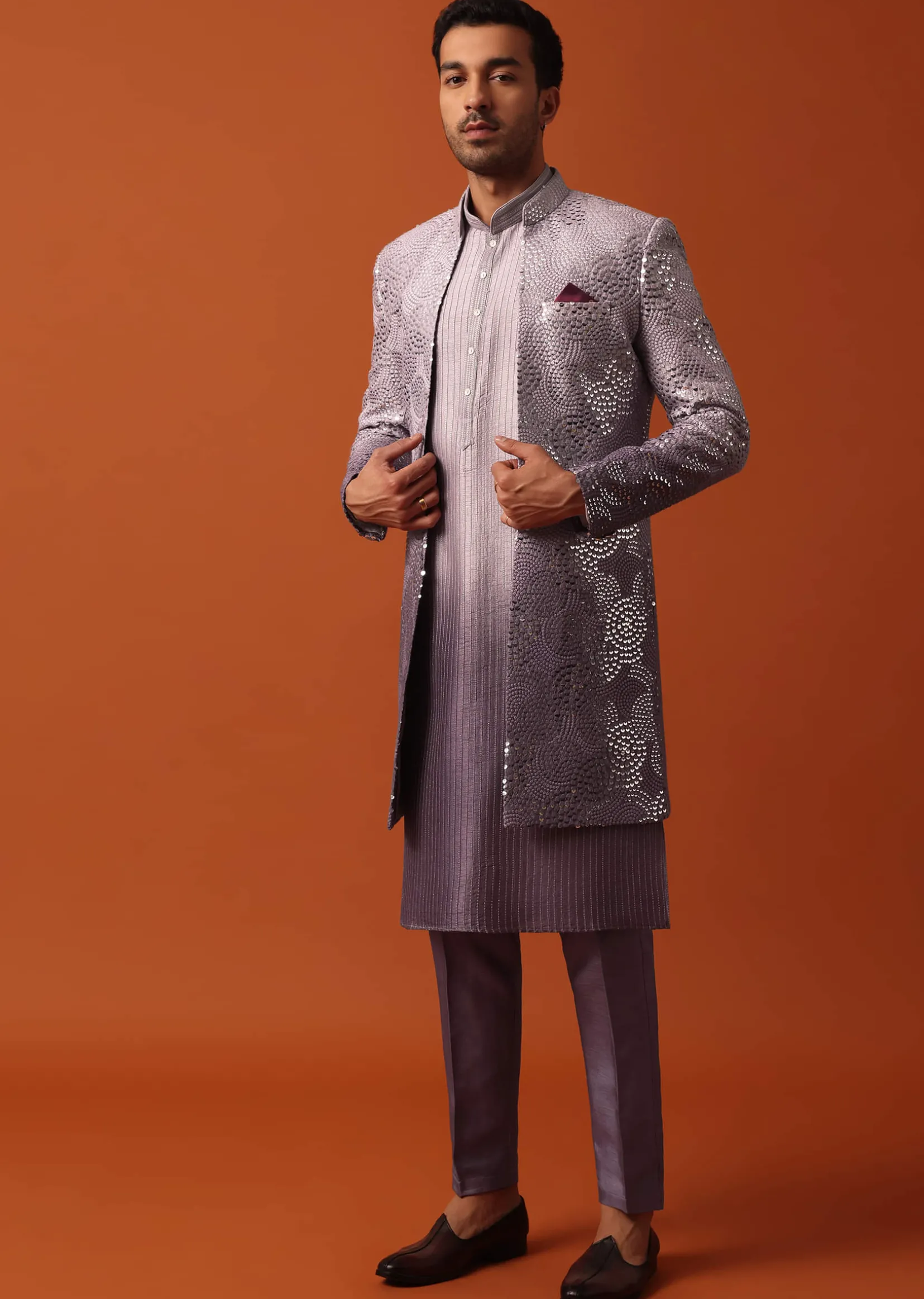 Purple Silk Intricate Sequin Embroidered Sherwani Set