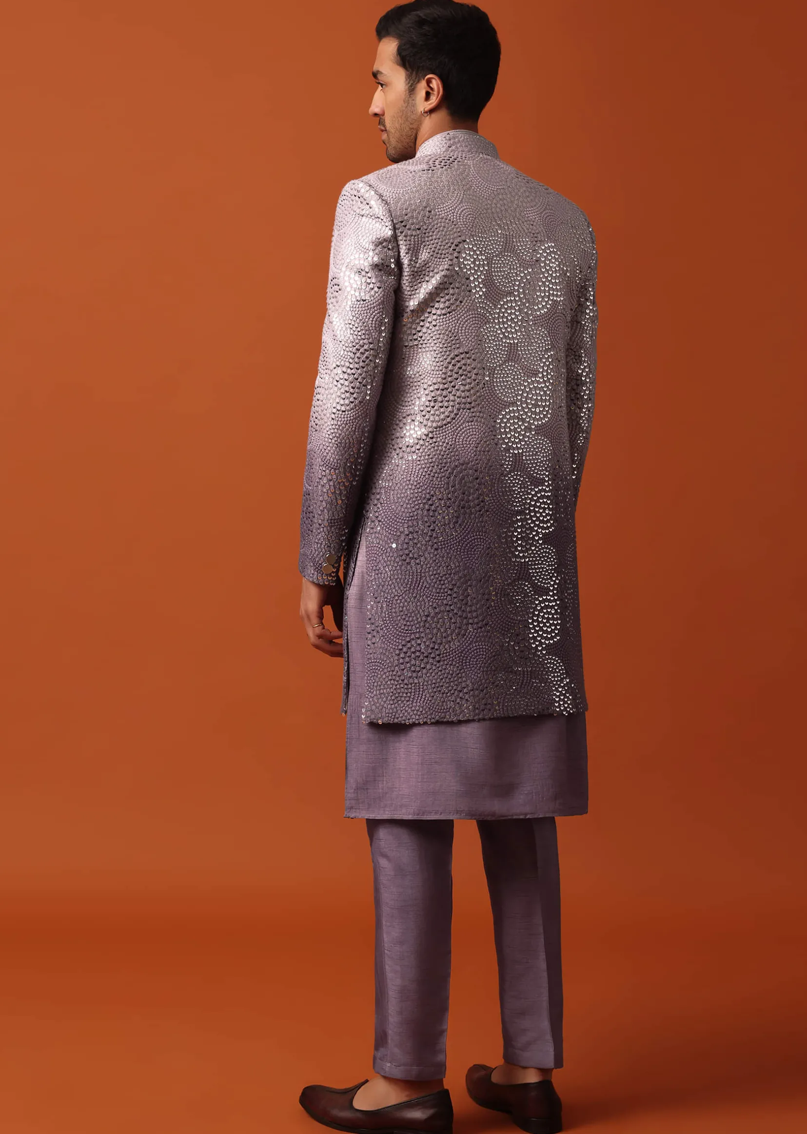 Purple Silk Intricate Sequin Embroidered Sherwani Set