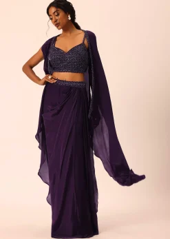 Purple Silk Jacket And Dhoti Set With Sequin Work