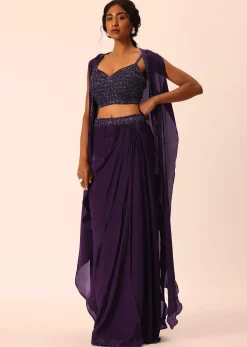Purple Silk Jacket And Dhoti Set With Sequin Work