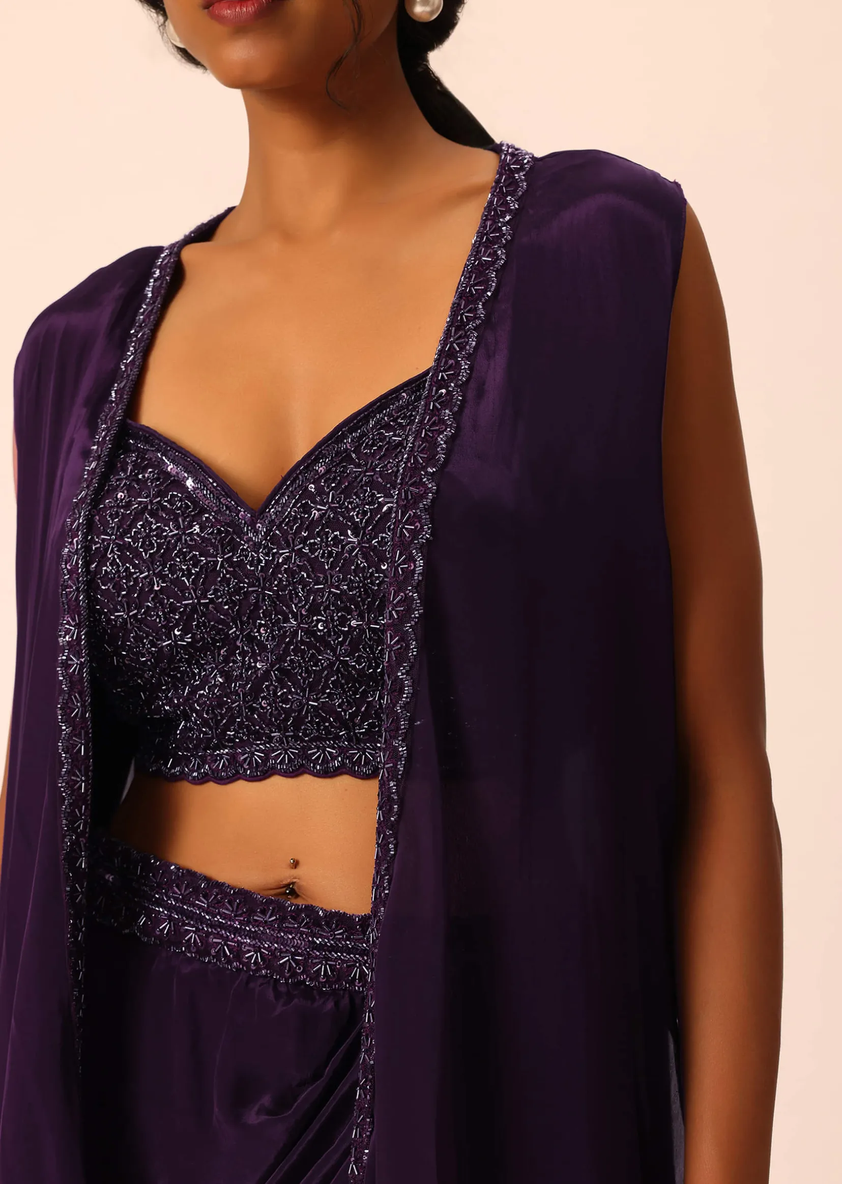Purple Silk Jacket And Dhoti Set With Sequin Work