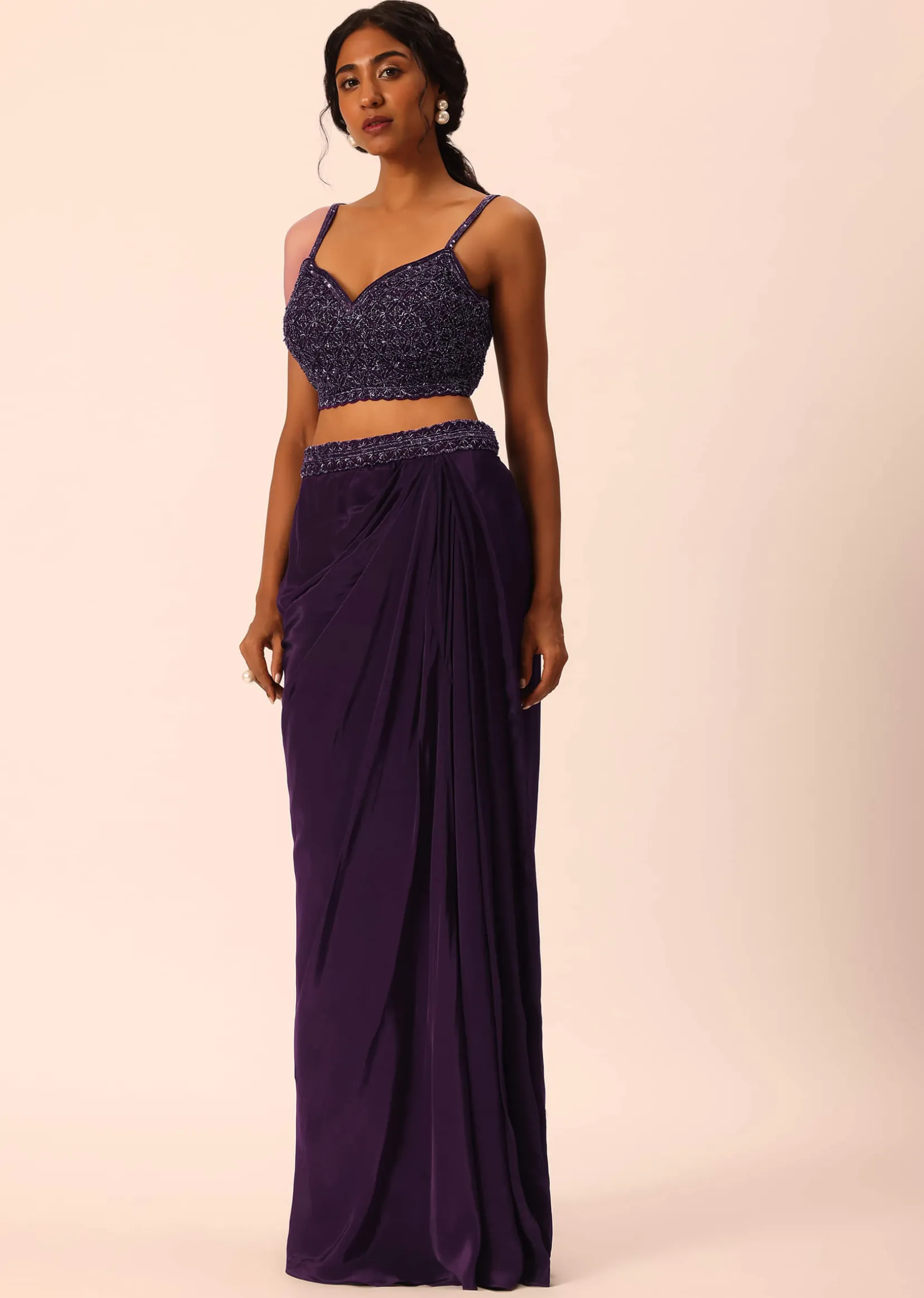 Purple Silk Jacket And Dhoti Set With Sequin Work