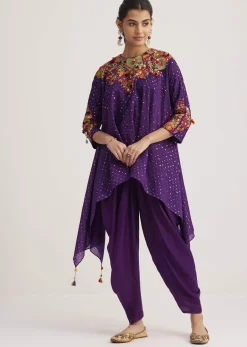 Purple Silk Kurta Dhoti Set With Resham Embroidery And Tassel Details