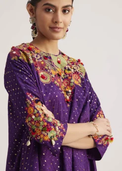 Purple Silk Kurta Dhoti Set With Resham Embroidery And Tassel Details