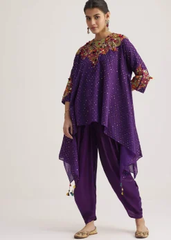 Purple Silk Kurta Dhoti Set With Resham Embroidery And Tassel Details