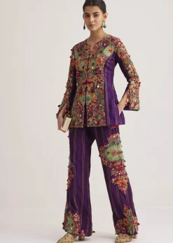 Purple Silk Kurta Palazzo Set With Resham And Zari Embroidery