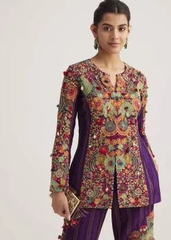 Purple Silk Kurta Palazzo Set With Resham And Zari Embroidery