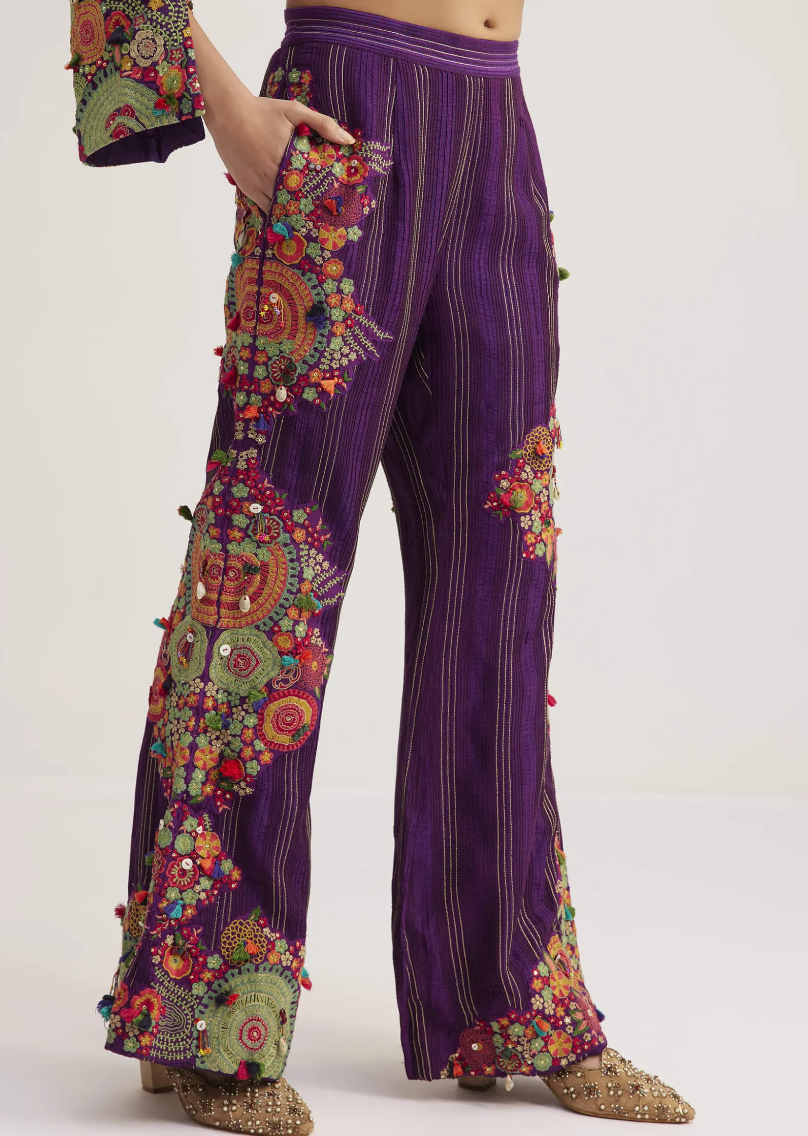 Purple Silk Kurta Palazzo Set With Resham And Zari Embroidery