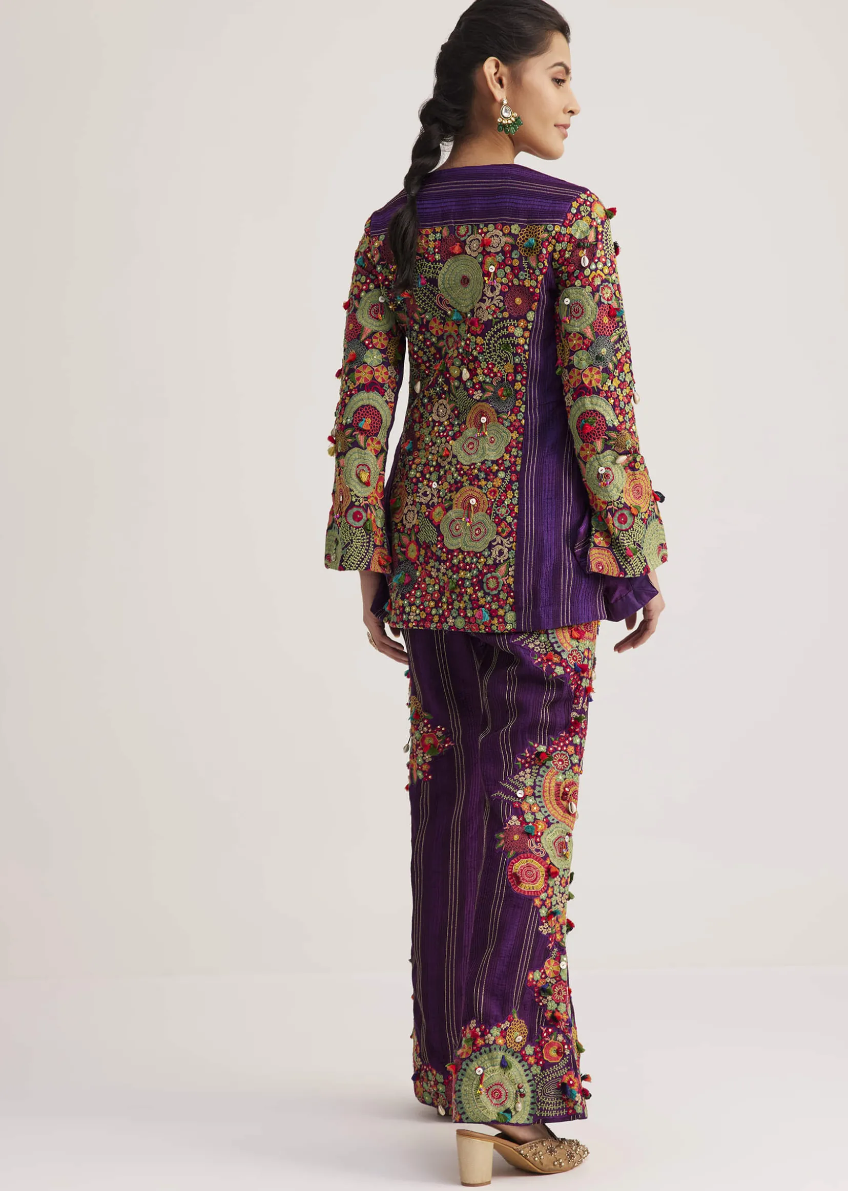 Purple Silk Kurta Palazzo Set With Resham And Zari Embroidery