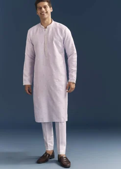 Purple Silk Kurta Set For Men With Mirror Embroidery