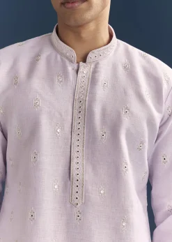 Purple Silk Kurta Set For Men With Mirror Embroidery