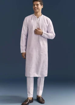 Purple Silk Kurta Set For Men With Mirror Embroidery
