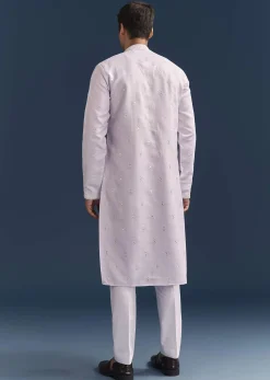 Purple Silk Kurta Set For Men With Mirror Embroidery