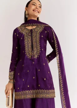 Purple Silk Kurta Set With Zari Butti And Border Work