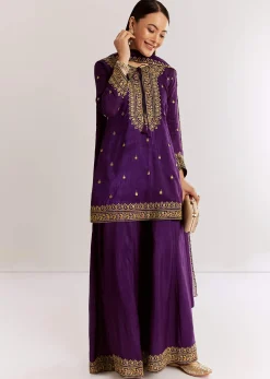Purple Silk Kurta Set With Zari Butti And Border Work