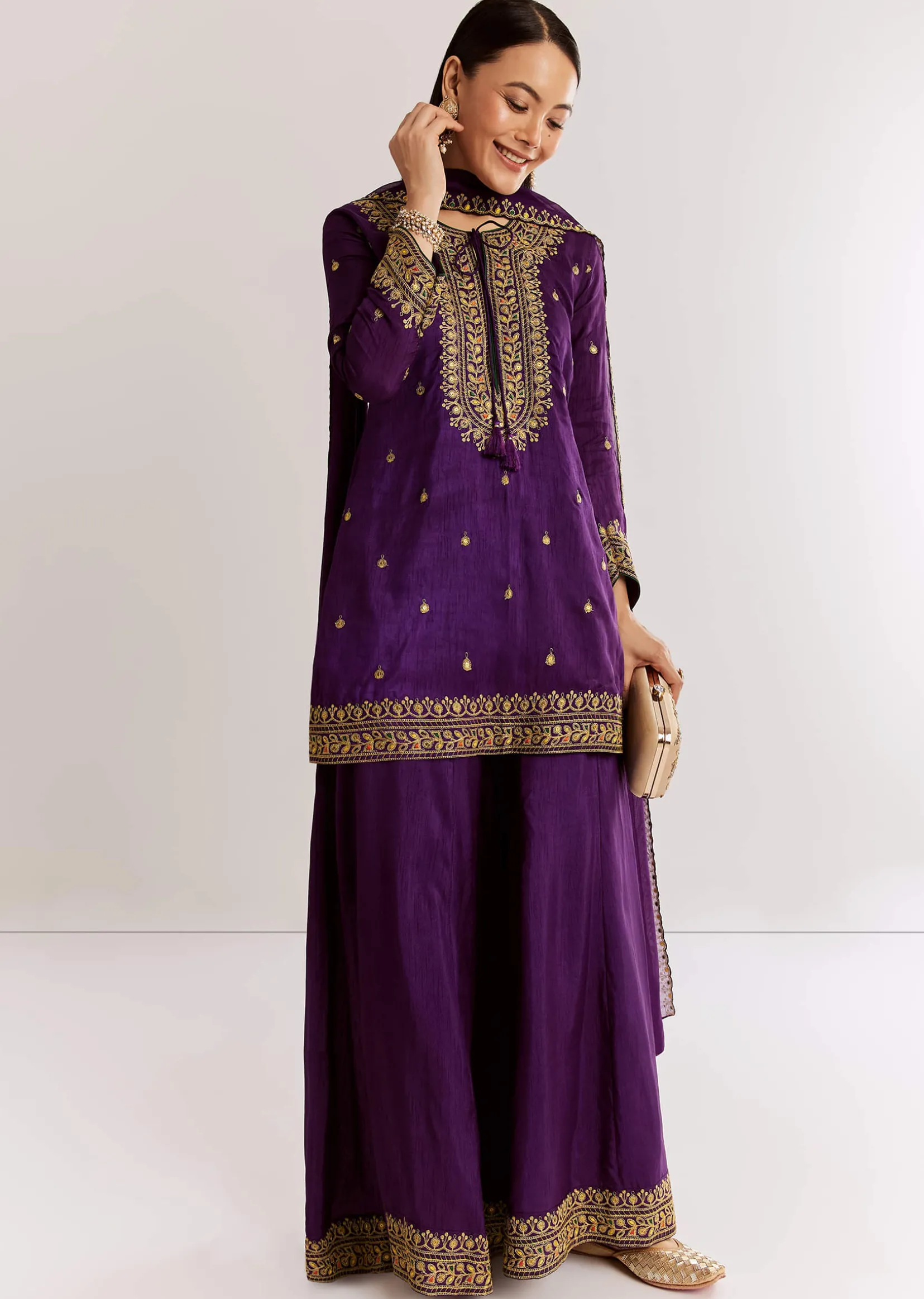 Purple Silk Kurta Set With Zari Butti And Border Work