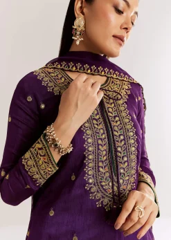 Purple Silk Kurta Set With Zari Butti And Border Work