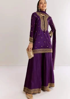 Purple Silk Kurta Set With Zari Butti And Border Work