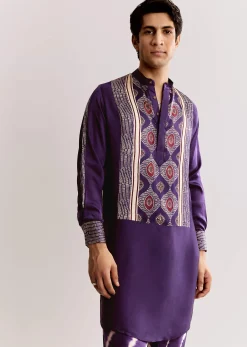 Purple Silk Kurta Set With Ajrakh Print