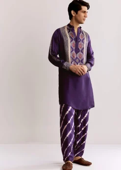 Purple Silk Kurta Set With Ajrakh Print
